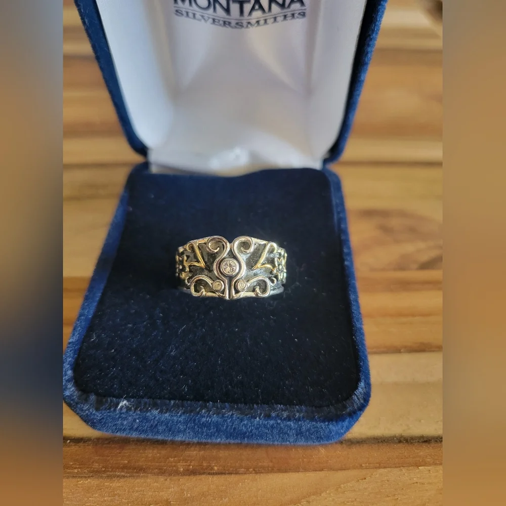 Montana Silversmiths Sterling Silver Antiqued Gold Accents Cz Stone Sz 6‎ New